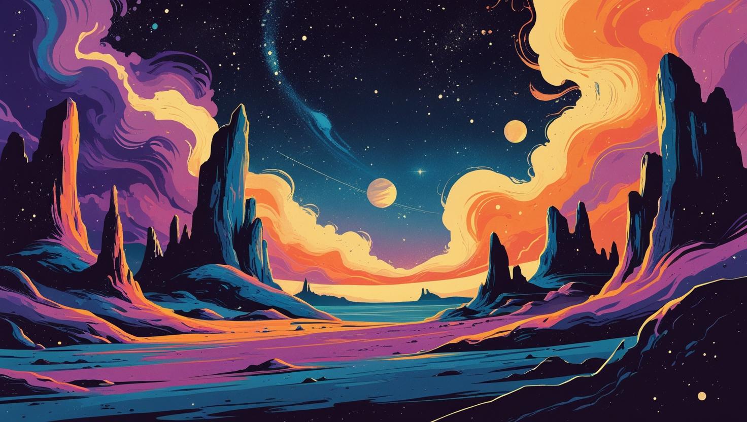 Can you create a cosmic retro-illustration in a surreal landscape_ Make it horizontal..jpg__PID:8febd4ff-bc0e-4c3c-8ab3-103ca50d80ba